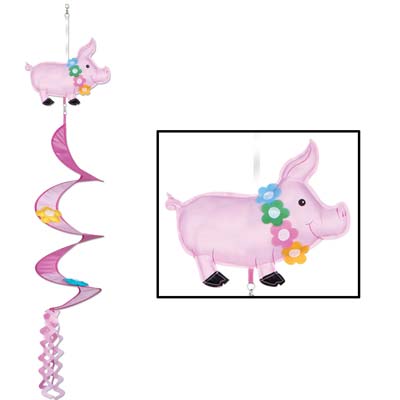 Various colored pink material whirl with a pig at the top and spiraled pink tassel at the bottom.