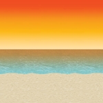 Plastic printed material with sand, ocean and a sunset in the back.
