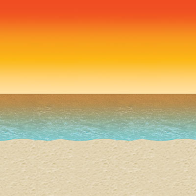 Plastic printed material with sand, ocean and a sunset in the back.