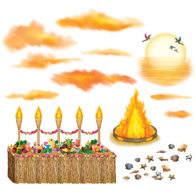Luau props such as a tiki buffet, seashells and more printed on thin plastic material.
