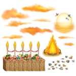 Luau props such as a tiki buffet, seashells and more printed on thin plastic material.