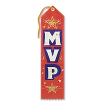 MVP Award Red Ribbon with silver bold lettering outlined in blue and gold stars
