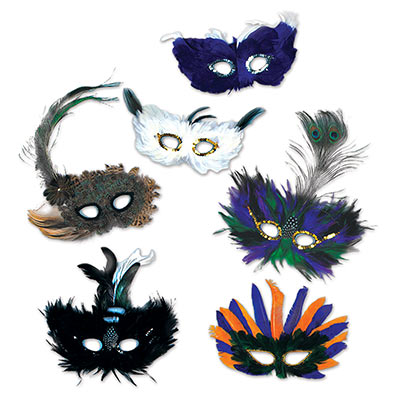 Beautiful feathered masks of assorted colors and designs.