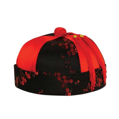 Mandarin hat with great detail of red and black including two attached tassels.