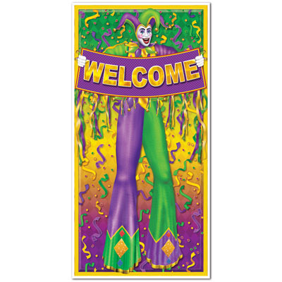 Mardi Gras Door Cover that screams "Welcome" with celebration decorations in gold, green and purple. 