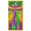 Mardi Gras Door Cover that screams "Welcome" with celebration decorations in gold, green and purple. 