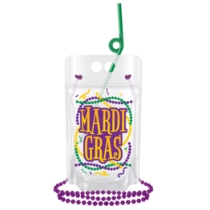 Mardi Gras Drink Pouches (Pack of 72) Mardi Gras drink pouches, 16.9 oz drink pouch, Mardi Gras party favors, printed drink pouch with beads, purple bead drink pouch, Mardi Gras supplies, drink pouch with straw