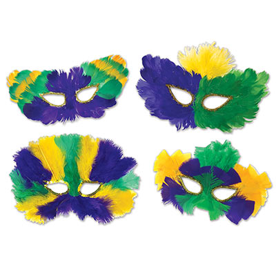 Feathered masks in Mardi Gras colors of green, gold and purple.