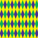 Mardi Gras Harlequin Backdrop with gold, green, and purple diamonds printed on thin plastic material.