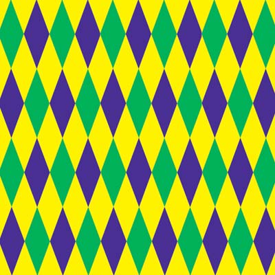 Mardi Gras Harlequin Backdrop with gold, green, and purple diamonds printed on thin plastic material.