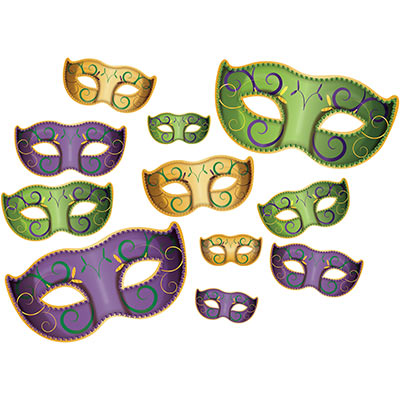 Mardi Gras Mask Cutouts are half masked cutouts printed in traditional Mardi Gras colors.