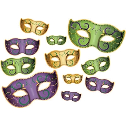 Mardi Gras Mask Cutouts are half masked cutouts printed in traditional Mardi Gras colors.