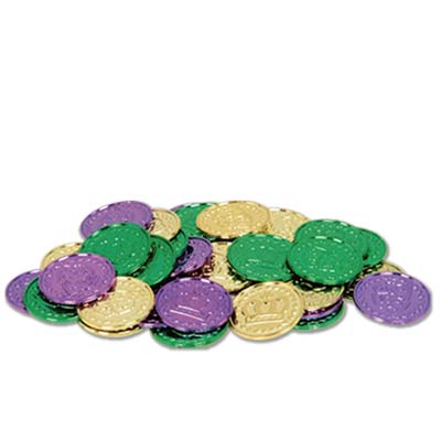 Plastic molded gold, green and purple coins with embellishments.