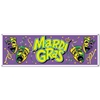 Banner with purple background, confetti, comedy/tragedy masks and words of "Mardi Gras" in tradtional green, gold and purple colors.