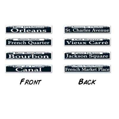 Mardi Gras Street Signs Cutouts with a black background and white lettering.