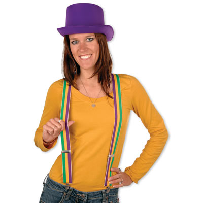 Gold, green and purple striped suspenders with adjustable straps.