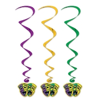 Gold, green and purple metallic whirls with comedy/tragedy faces icons attached to the bottom.