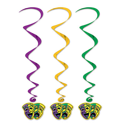 Gold, green and purple metallic whirls with comedy/tragedy faces icons attached to the bottom.