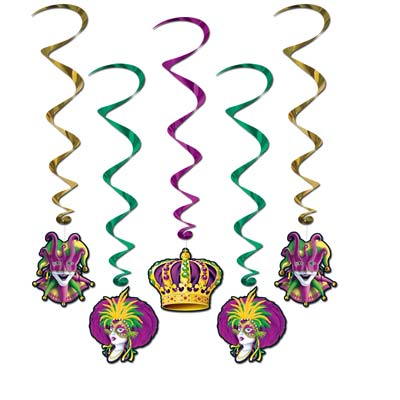 Gold, green, and purple metallic whirls with Mardi Gras icons attached.