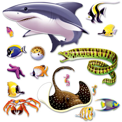 Marine Life Props of a shark, sting ray, eel and more printed on thin plastic material.