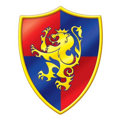 Medieval Crest Cutout with red and blue background, yellow boarder and a Bavarian Lion.