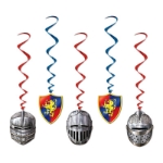 Red and blue metallic whirls with medieval icons attached.
