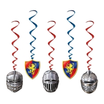 Red and blue metallic whirls with medieval icons attached.