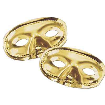 Golden metallic mask with stretchable elastic to wear around the eyes.