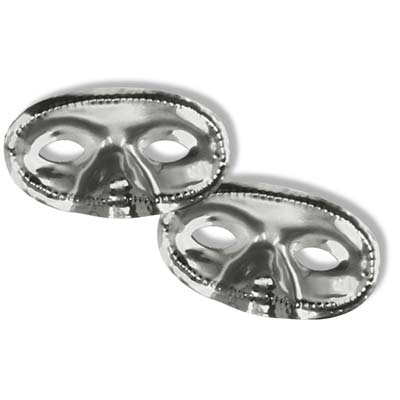 Silver metallic mask with stretchable elastic to wear around the eyes.