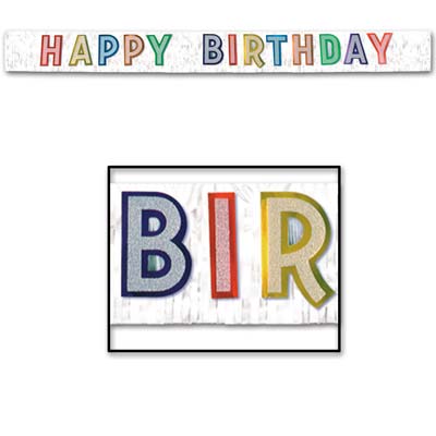 Metallic Happy Birthday Banner with silver metallic background and multi-colored "Happy Birthday".