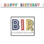 Metallic Happy Birthday Banner with silver metallic background and multi-colored "Happy Birthday".