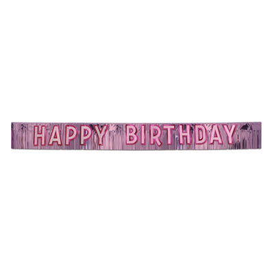 Metallic Happy Birthday Banner with a shiny pink background and pink "Happy Birthday".