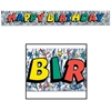 Silver metallic fringe banner with multi-colored "Happy Birthday" and confetti.
