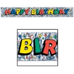Silver metallic fringe banner with multi-colored "Happy Birthday" and confetti.