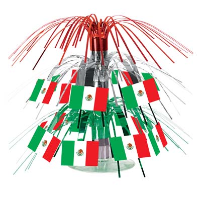 Centerpiece with red, green and silver metallic strands and Mexican flags cascading down.