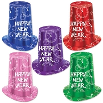 Assorted colored super high hats with printed white clocks and "Happy New Year".