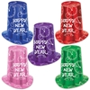 Assorted colored super high hats with printed white clocks and "Happy New Year".