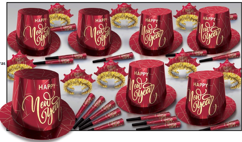 Midnight Crimson New Year Asst for 50 Midnight Crimson New Year Assortment for 50, New Years Eve party kit, NYE party supplies, party assortment for 50 guests, bulk New Years Eve accessories, crimson New Year decorations, countdown party supplies, corporate New Years party favors, hotel New Years Eve supplies, restaurant party kit, festive party accessories, holiday event decorations, New Years celebration supplies, Party Express