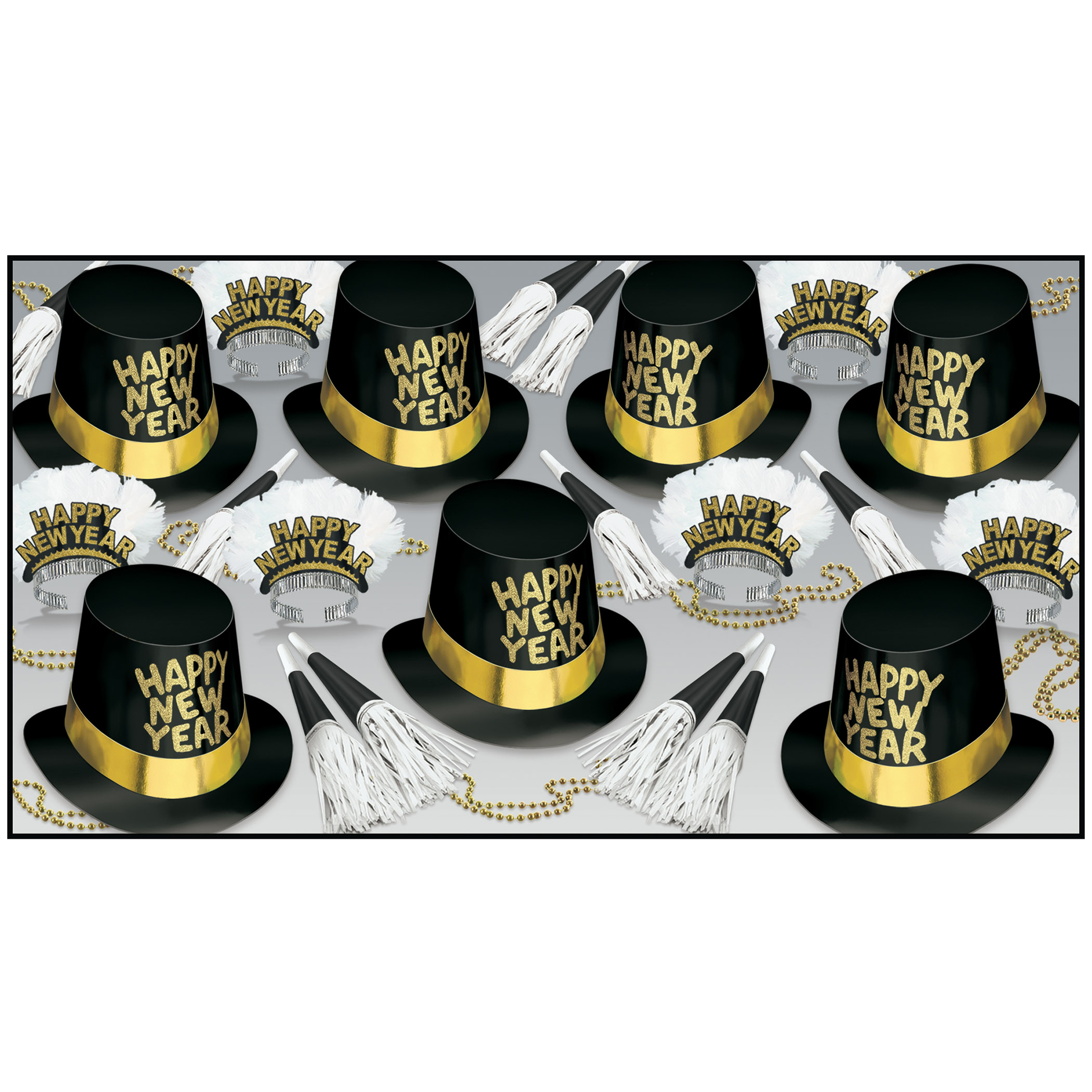 upscale looking new year party kit with primarily black and gold colors with white accents that include top hats, beads, tiaras with feathers, and noismakers