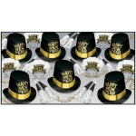 upscale looking new year party kit with primarily black and gold colors with white accents that include top hats, beads, tiaras with feathers, and noismakers