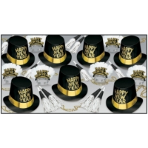 upscale looking new year party kit with primarily black and gold colors with white accents that include top hats, beads, tiaras with feathers, and noismakers
