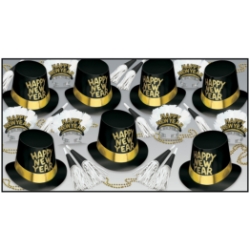 upscale looking new year party kit with primarily black and gold colors with white accents that include top hats, beads, tiaras with feathers, and noismakers