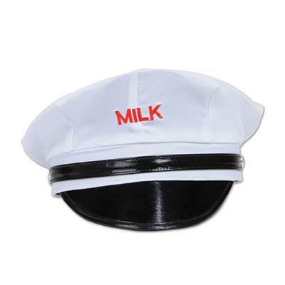 White milkman hat with black accents. 