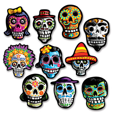 Mini Day Of The Dead Cutouts (Pack of 24) Mini Day Of The Dead Cutouts, decoration, skulls, day of the dead, halloween, wholesale, inexpensive, bulk