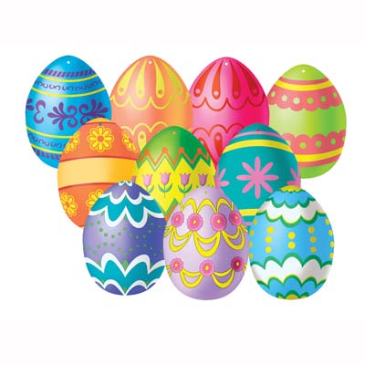 Small card stock shaped eggs with assorted printed decor.
