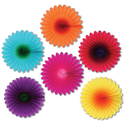 Flower shaped fans made of assorted colored tissue.