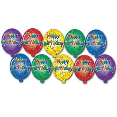 Mini Happy Birthday Cutouts are shaped to replicate balloons with assorted colors.
