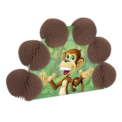 Centerpiece printed with a monkey and jungle in the background including brown tissue balls for accents.