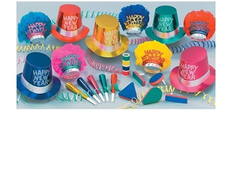 The Monte Carlo - New Years Party Kit for 10 Monte Carlo Assortment, party favors, hats, tiara, horn, noisemakers, serpentine, new years eve, multi-color, wholesale, inexpensive, bulk