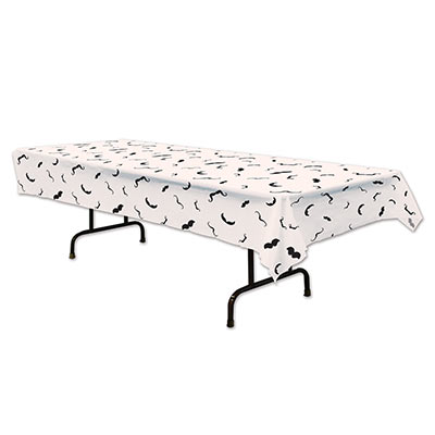 White table cover printed with various black moustaches.